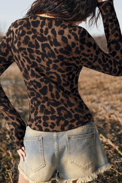 Leopard Print Ribbed Button Front Cardigan