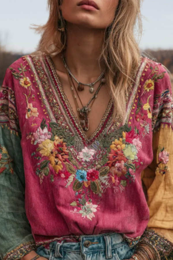 Bohemian Floral V-Neck Blouse