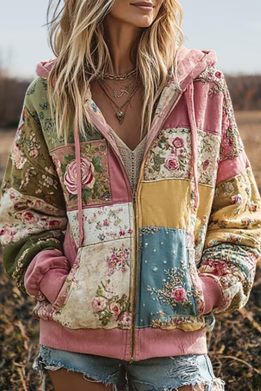 Floral Patchwork Zip Up Hoodie