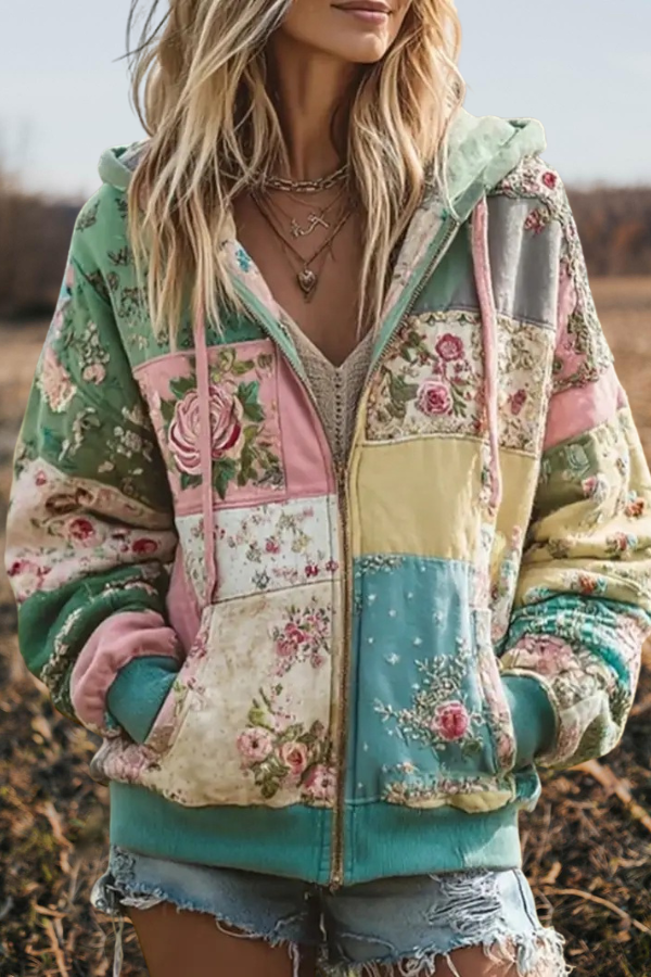 Floral Patchwork Zip Up Hoodie