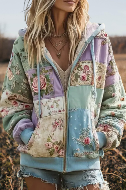 Floral Patchwork Zip Up Hoodie