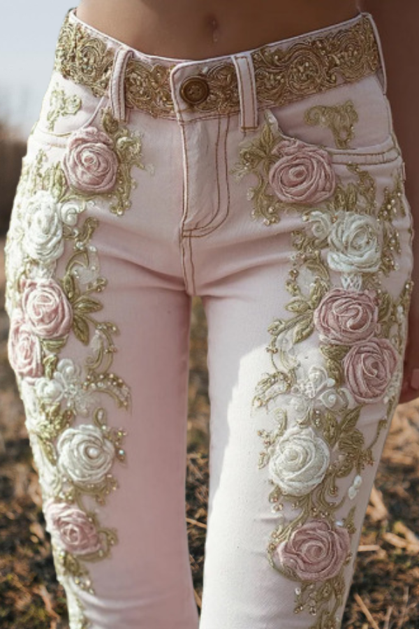 Rose Flower Print High Waist Jeans