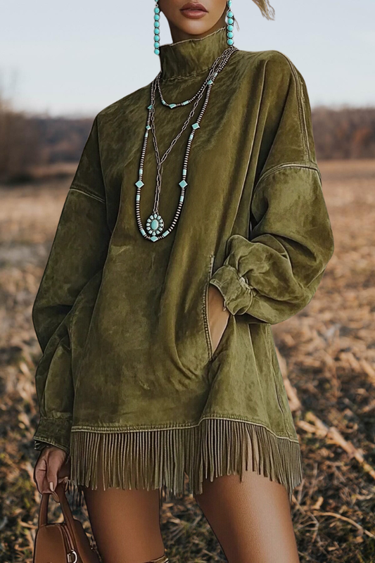 High Neck Pockets Tassel Velour Tunic