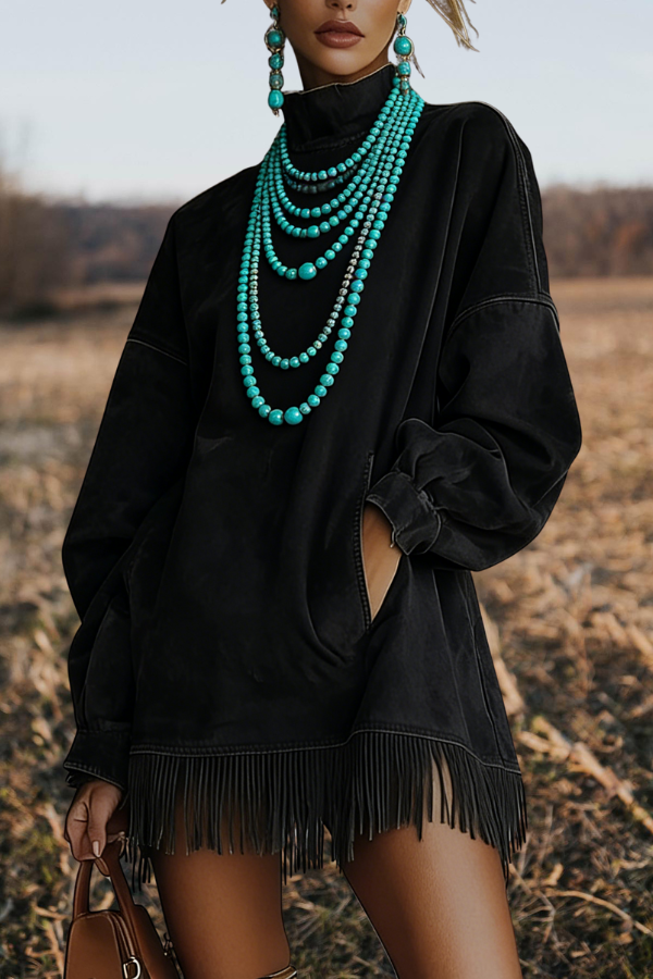 High Neck Pockets Tassel Mini Dress