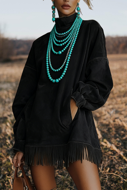 High Neck Pockets Tassel Mini Dress