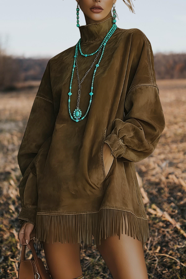 High Neck Pockets Tassel Mini Dress