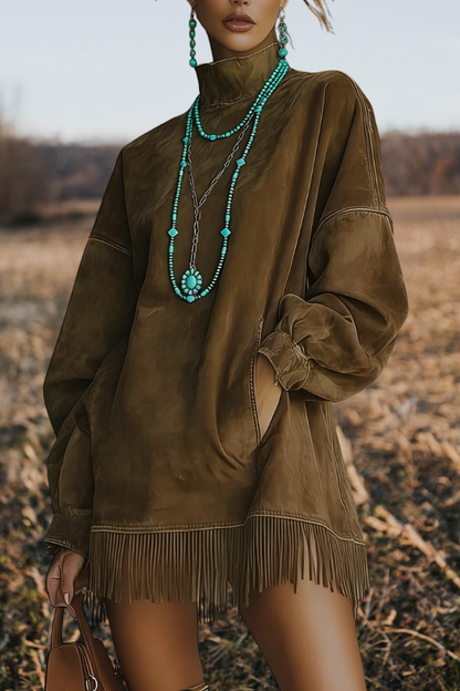 High Neck Pockets Tassel Mini Dress