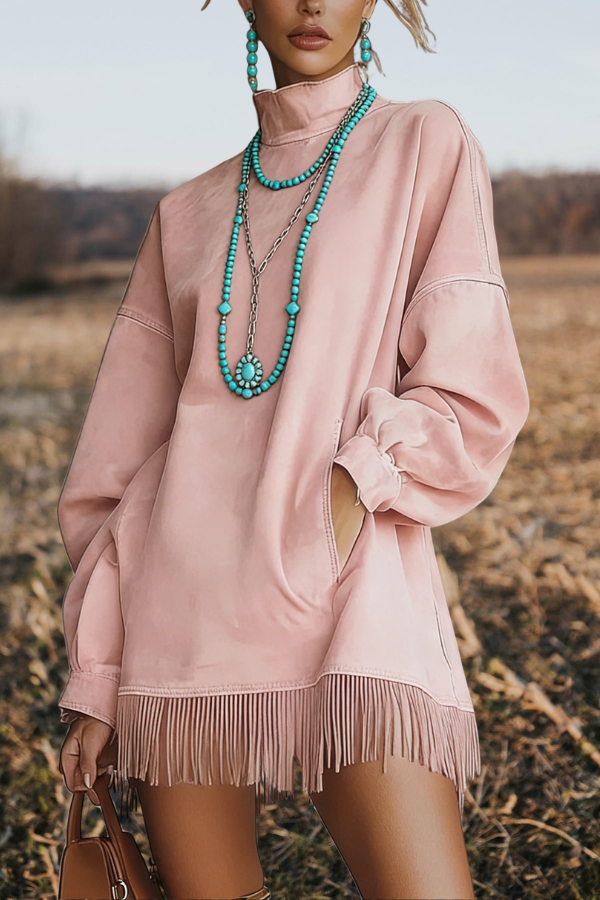 High Neck Pockets Tassel Mini Dress