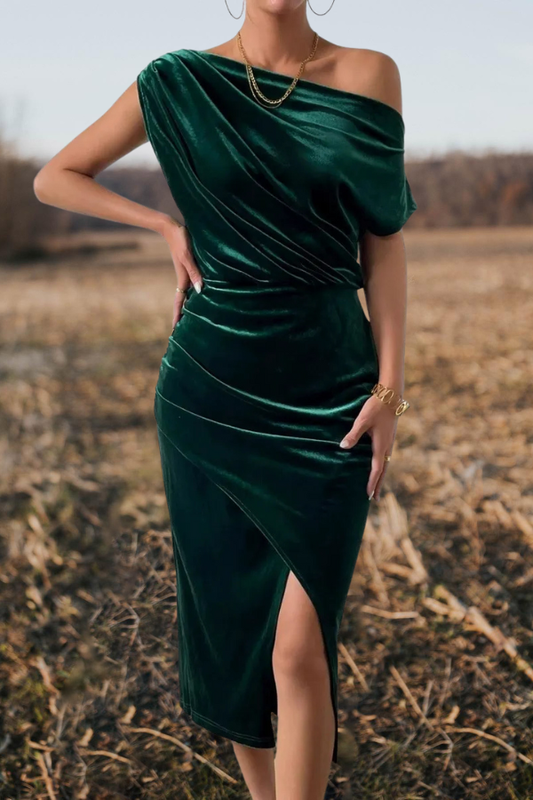 One Shoulder Velvet Midi Dress