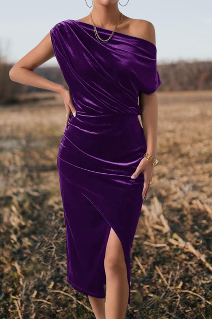 One Shoulder Velvet Midi Dress