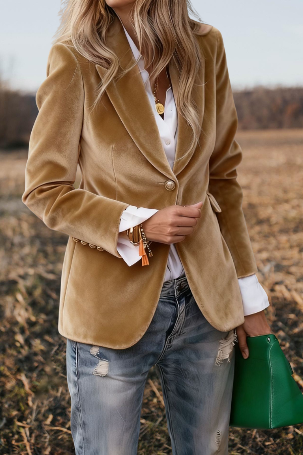 One Button Lapel Collar Long Sleeve Blazer