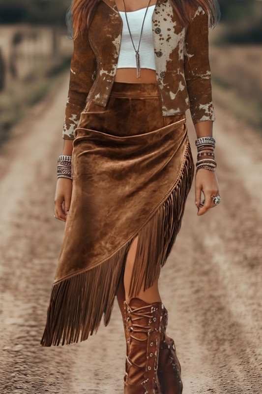 Western Chic Fringe Hem Suede Midi Skirt