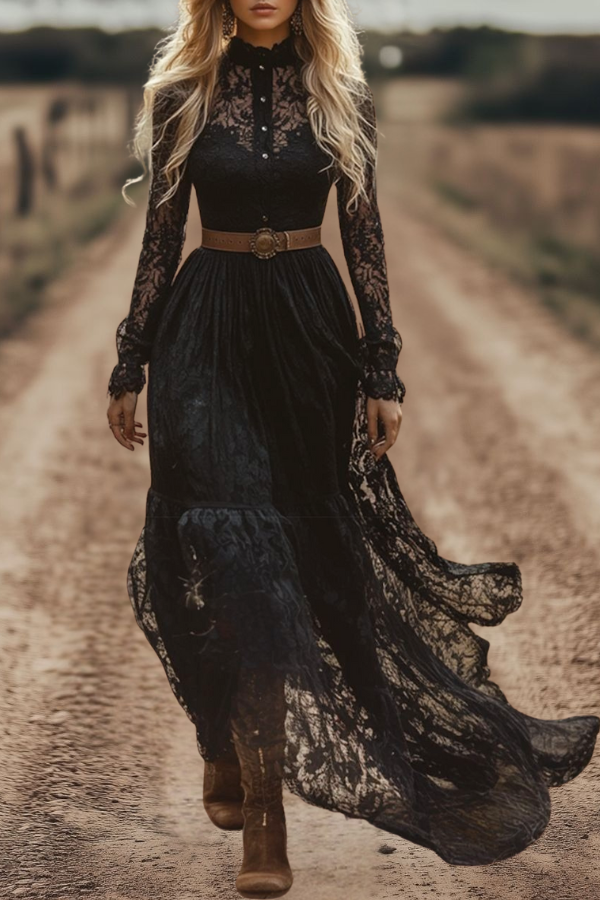 Button Front Lace Maxi Dress