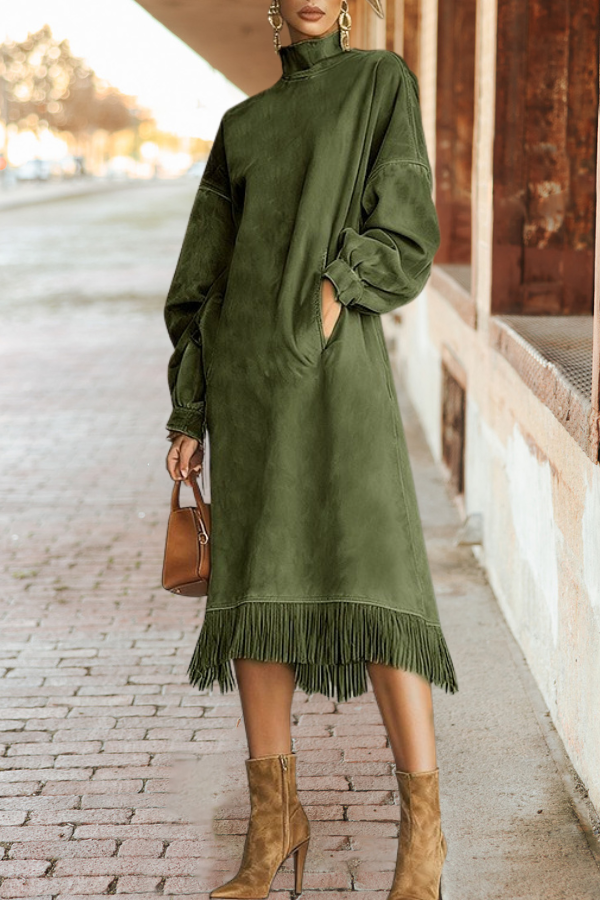 Fringe Hem Suede Midi Dress