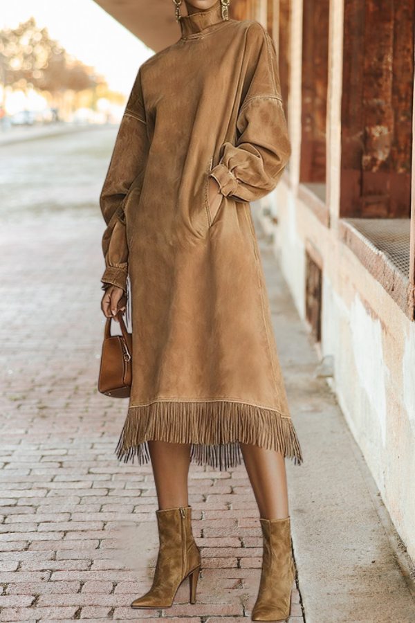 Fringe Hem Suede Midi Dress