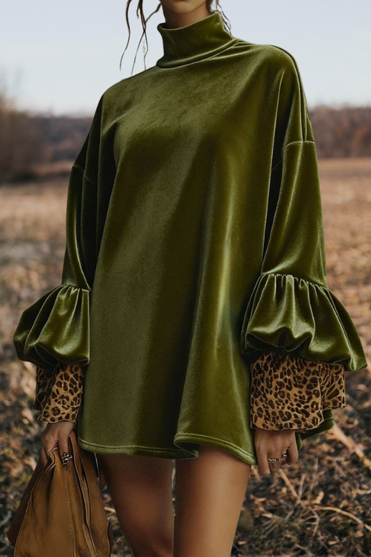 Velvet Leopard Turtleneck Mini Dress