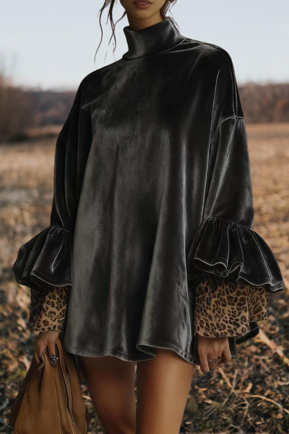 Velvet Leopard Turtleneck Mini Dress