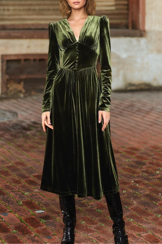 Velvet V Neck Fitted Midi Dress