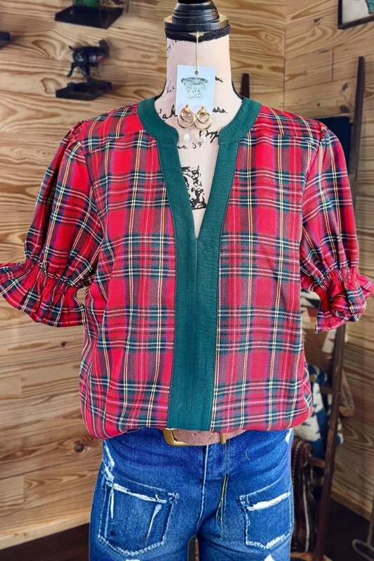 Plaid V Neck Puff Sleeve Blouse