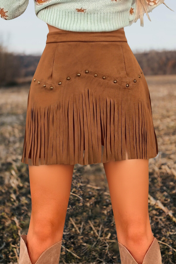 Western Fringe Stud Suede Mini Skirt