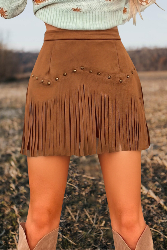 Western Fringe Stud Suede Mini Skirt