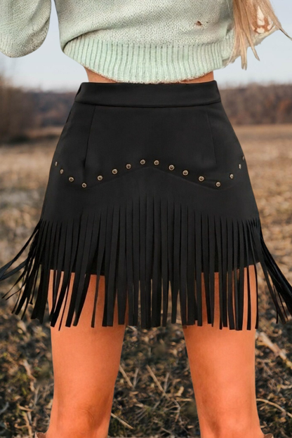 Western Fringe Stud Suede Mini Skirt
