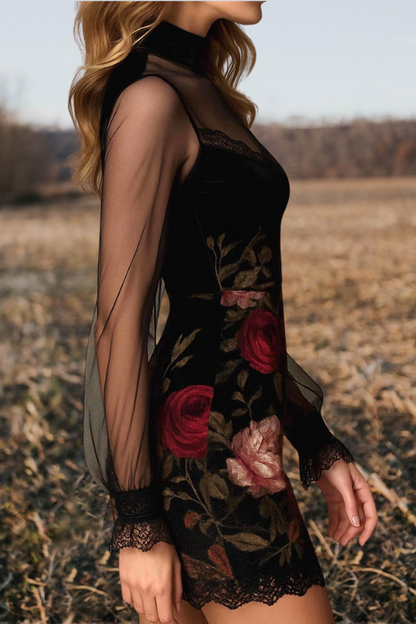 Lace Trim Patchwork Floral Print Dress