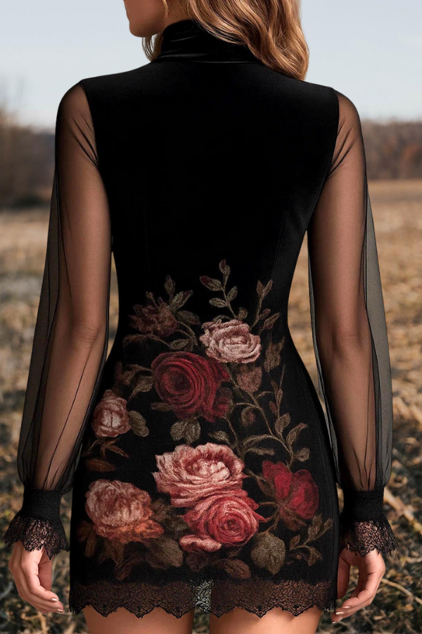 Lace Trim Patchwork Floral Print Dress