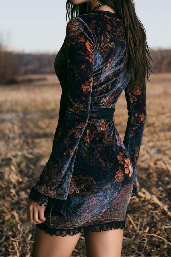 Floral Velvet Lace Trim Mini Dress