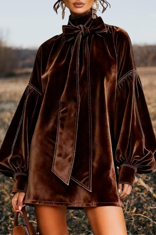 Velvet Bow Tie Lantern Sleeve Dress