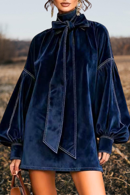 Velvet Bow Tie Lantern Sleeve Dress