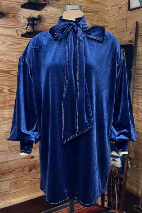 Velvet Bow Tie Lantern Sleeve Dress