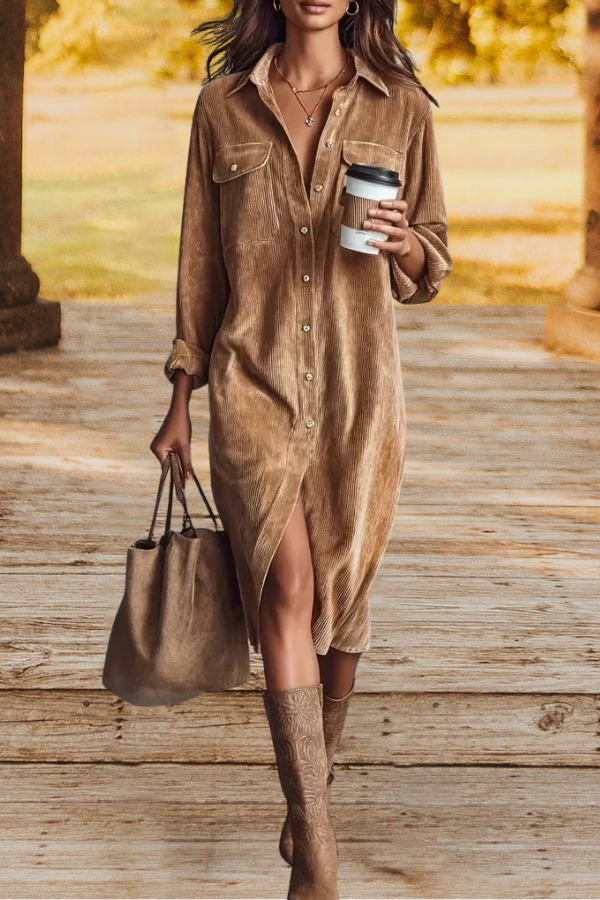 Tan Corduroy Oversized Shirt Dress
