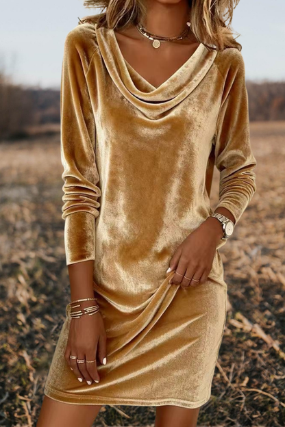Velvet Cowl Neck Long Sleeve Mini Dress