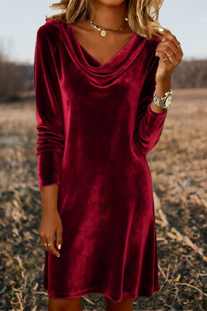 Velvet Cowl Neck Long Sleeve Mini Dress