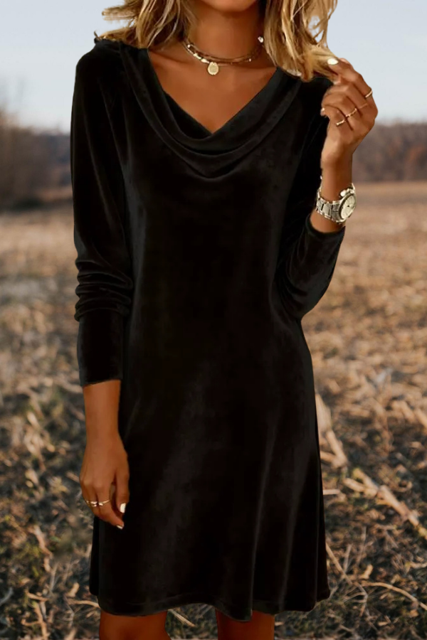 Velvet Cowl Neck Long Sleeve Mini Dress