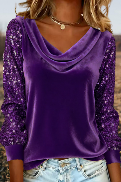 Velvet Sequin Patchwork Sleeve Top