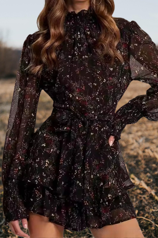 Floral Ruffled Turtleneck Mini Dress
