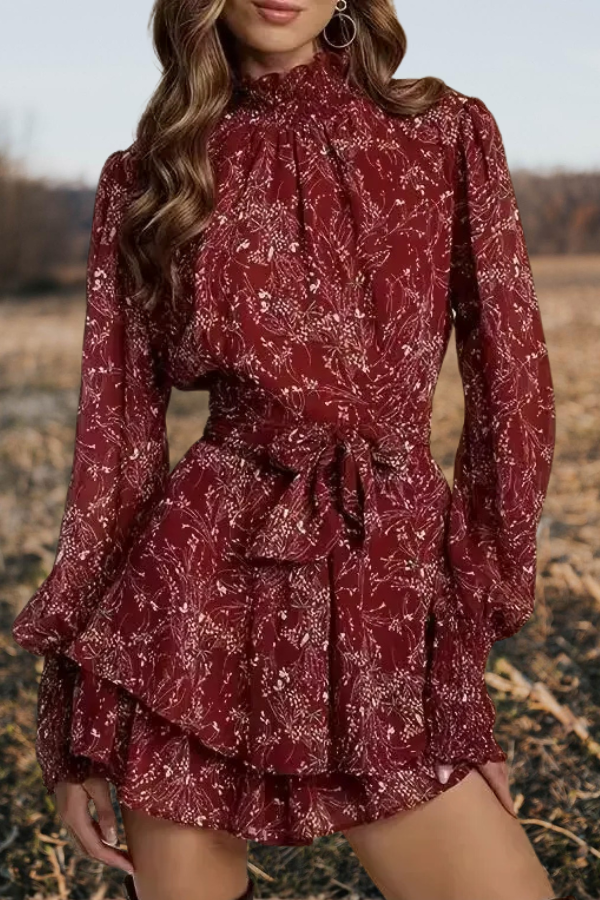 Floral Ruffled Turtleneck Mini Dress