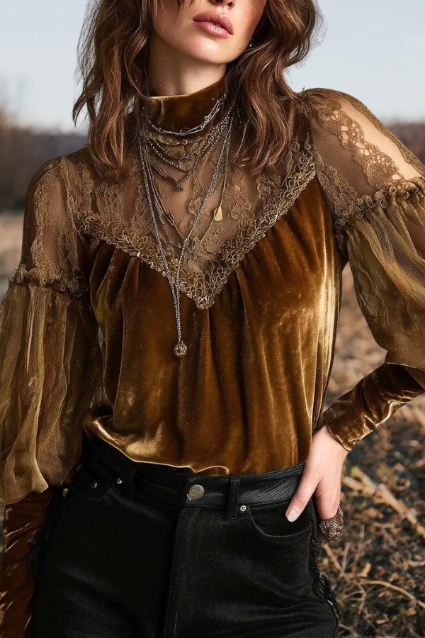 Velvet Lace Sheer-Sleeve Blouse