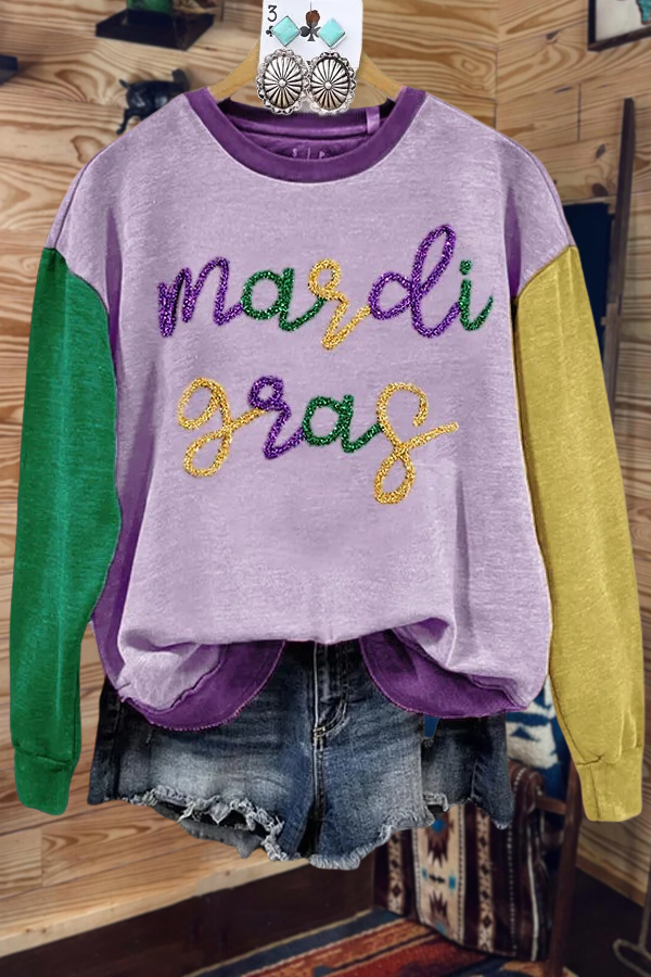 Mardi Gras Purple Color Block Sequin Sweatshirt