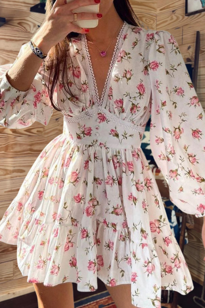 Floral Lace Trim Puff Sleeve Mini Dress