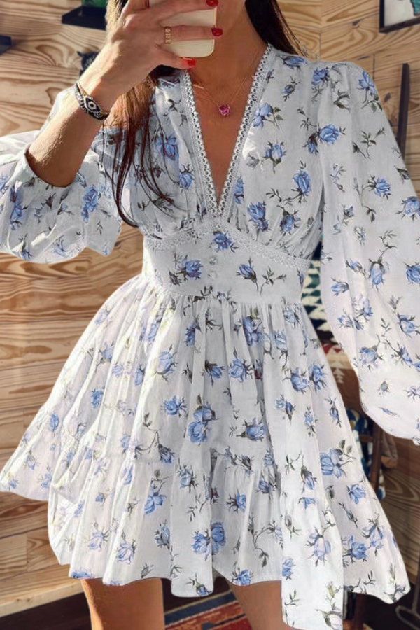 Floral Lace Trim Puff Sleeve Mini Dress