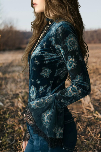 Lace-Trimmed Velvet Bell Sleeve Top