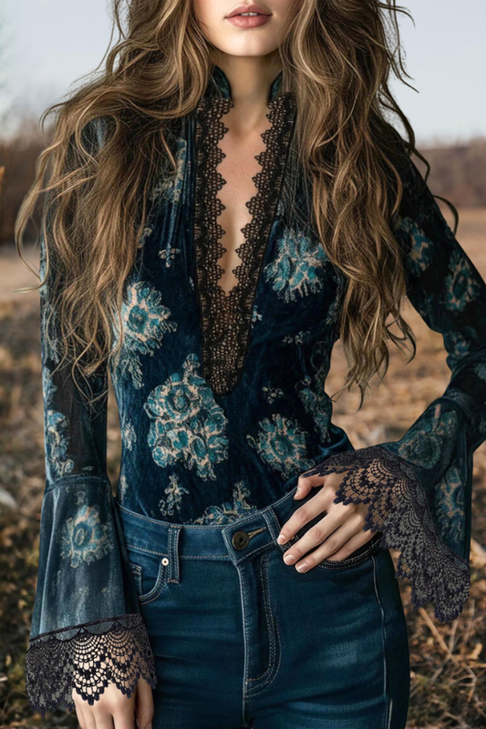 Lace-Trimmed Velvet Bell Sleeve Top