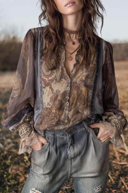 Vintage Paisley Lace Cuff Blouse