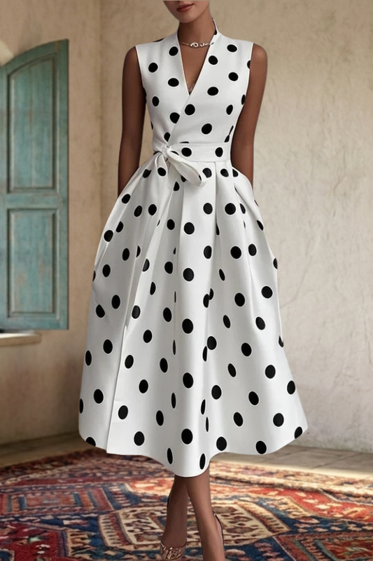 Vintage Polka Dot V-Neck Midi Dress