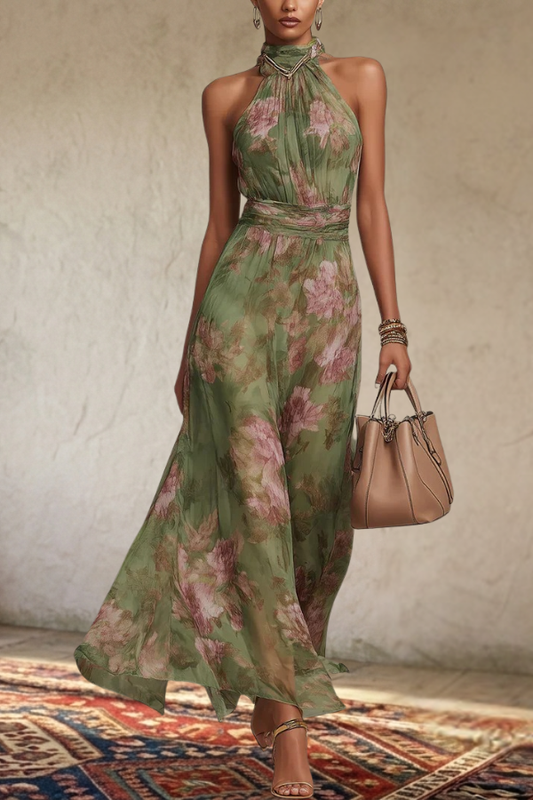 Floral Halter Neck Chiffon Maxi Dress