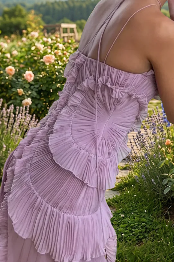 Pleated Ruffle Halter High Slit Dress