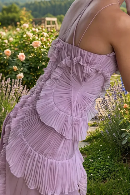 Pleated Ruffle Halter High Slit Dress